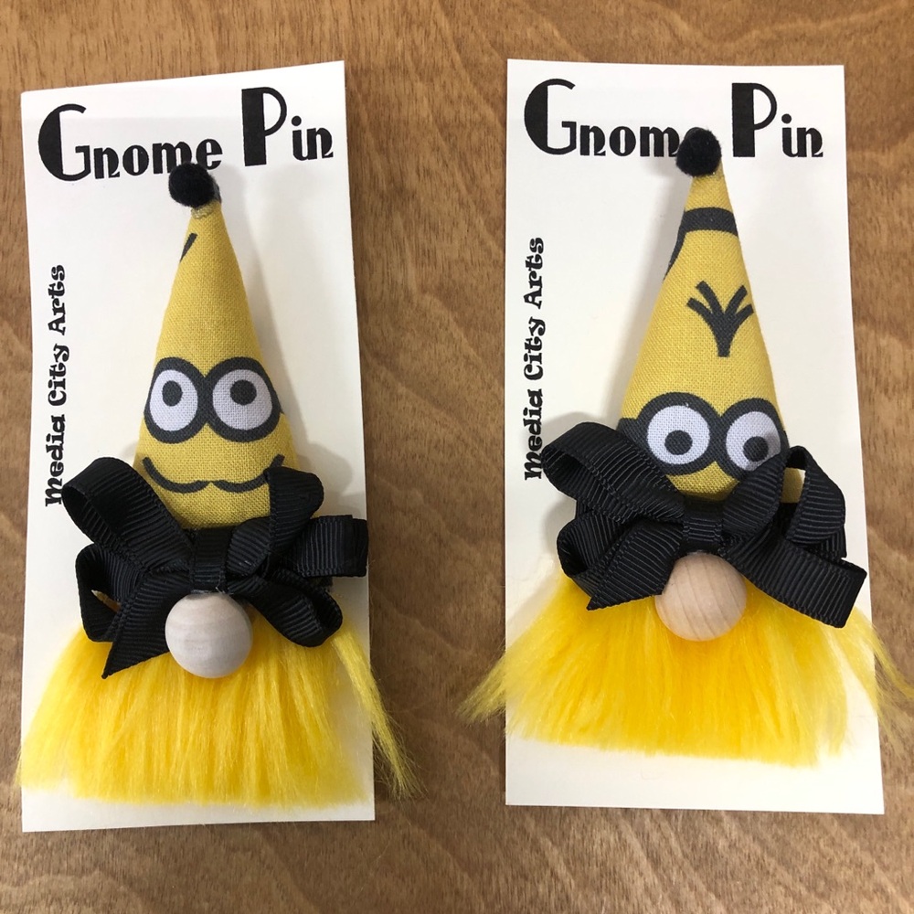 Minions Gnome Pin Brooch Handmade Gift Guide Bow Magnetic Funny Eyes Playful